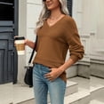 thumbnail image 3 of ManxiVoo Women's V Neck Lightweight Crochet Knit Pullover Long Sleeve Ribbed Casual Sweater Fall Fashion Top M Size Coffee, 3 of 7