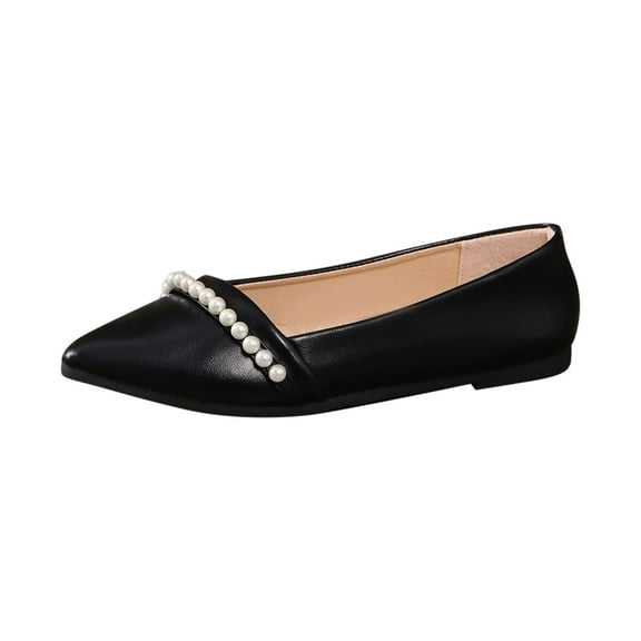 Black Ladies Stylish Spring Summer Comfy Pearl Embellished Pointed Toe Slip On Flat Sole Ballet Flats For Casual Outdoor Indoor Wear