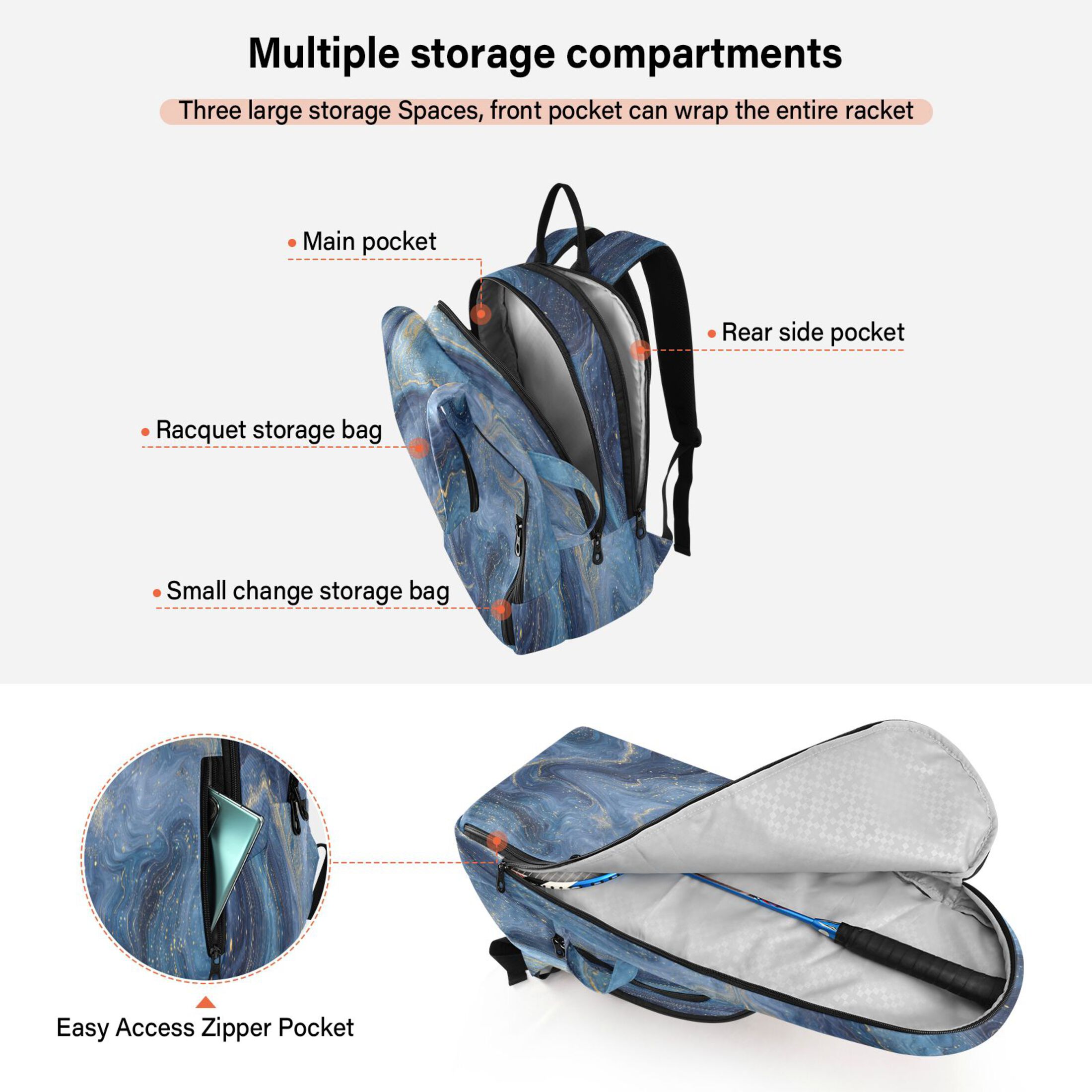 2 Racquet Holder Tennis Backpack Tennis Racket Covers Gym Bags Star Marble Swirls