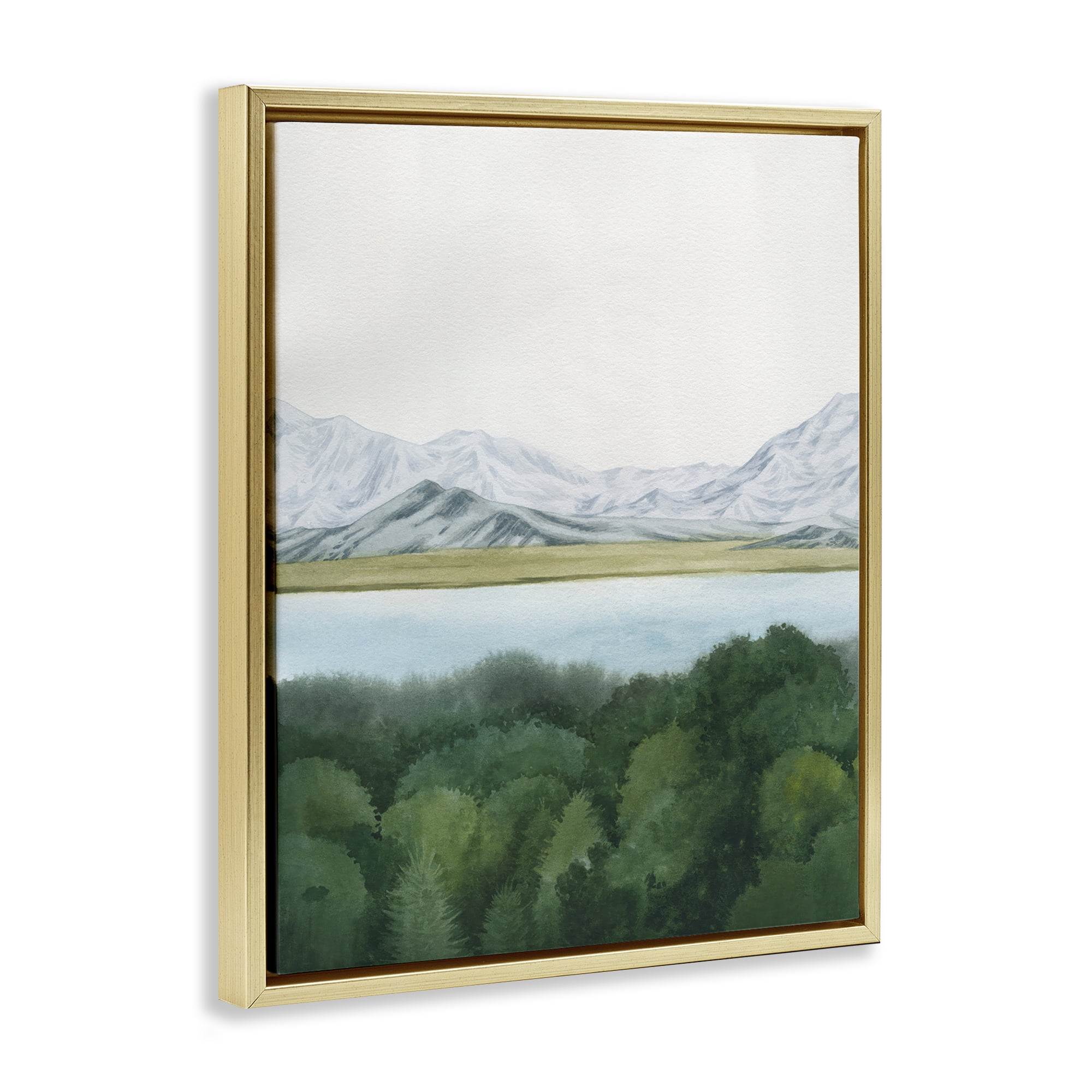 Stupell Industries Mountains Beyond Forest Landscape & Nature Painting Gold Floater Framed Canvas Art Print Wall Art, 17 x 21
