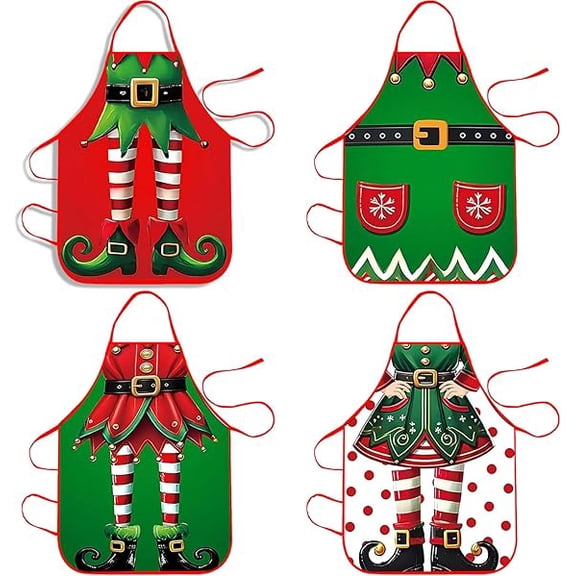 4 Pcs Christmas Aprons for Adults Thickened Adjustable Christmas Kitchen Aprons Holiday Xmas Kitchen Cooking Apron for BBQ, Family Party