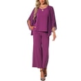 thumbnail image 2 of INSPIRE CHIC Women's 2 Pieces Sets Elegant Chiffon Sleeve Top Wide Legs Pants M Purple, 2 of 4