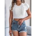 thumbnail image 4 of Womens Cable Knit Crop Tops Cap Sleeve Crew Neck Slim Fit Solid Color Stretchy Summer Sweater Short Sleeve Tee White M, 4 of 8