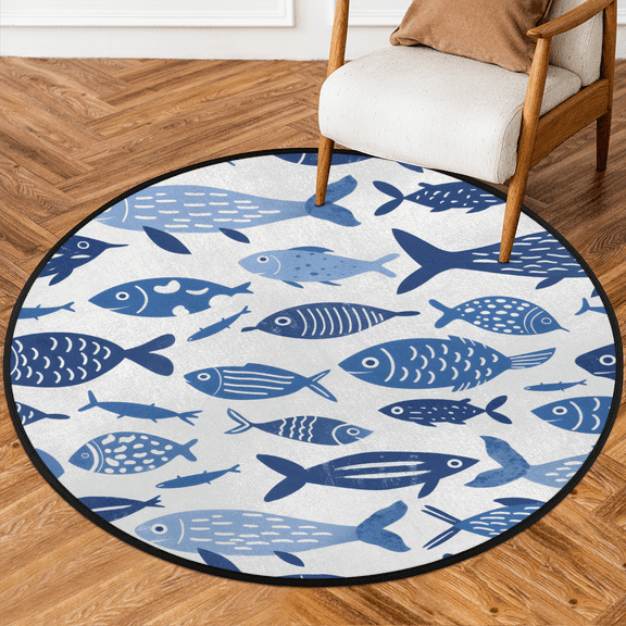 CURLYOOT Round Rug 3ft Sea Ocean Fish Blue Area Rug, Washable Circle Mat Non Slip Floor Carpet Mat, Soft Indoor Rugs for Entryway Living Room Dining Room Bedroom