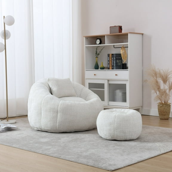 Modern Bean Bag Chairs with Ottoman, Comfy Pumpkin Round Chair with Pillow, Leisure Single Sofa Reading Chair for Living Room, Bedroom, Apartment, No Installation Required, Beige