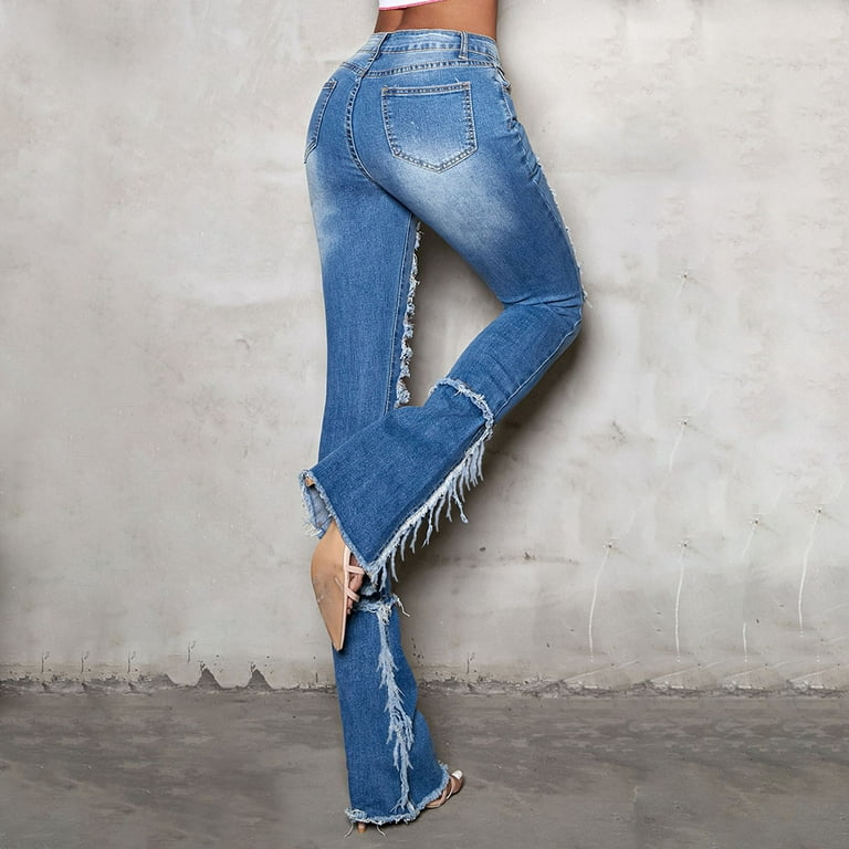 Gaecuw Jeans for Women Trendy Relaxed Fit Long Pants Button Up Pull On  Lounge Trousers Ripped Pants Casual Loose Baggy Jeans High Waisted Denim  Summer Ankle Length Pants Solid Denim Pants Blue