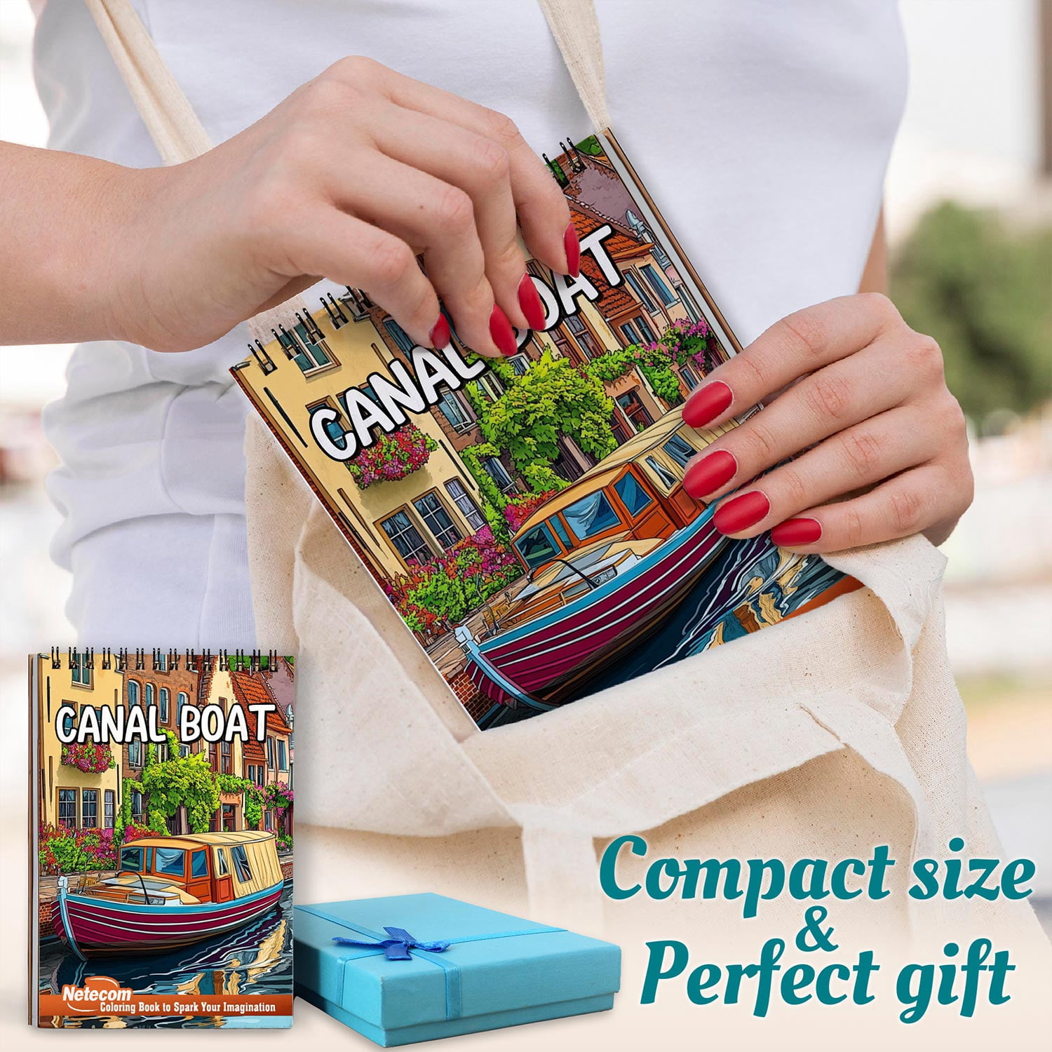 Netecom Canal Boat Coloring Book Spiral Bound for Adults, A5 Wooden Cover, 30 Beautiful Coloring Pages of Canal Boats on River for Stress Relief and Relaxation