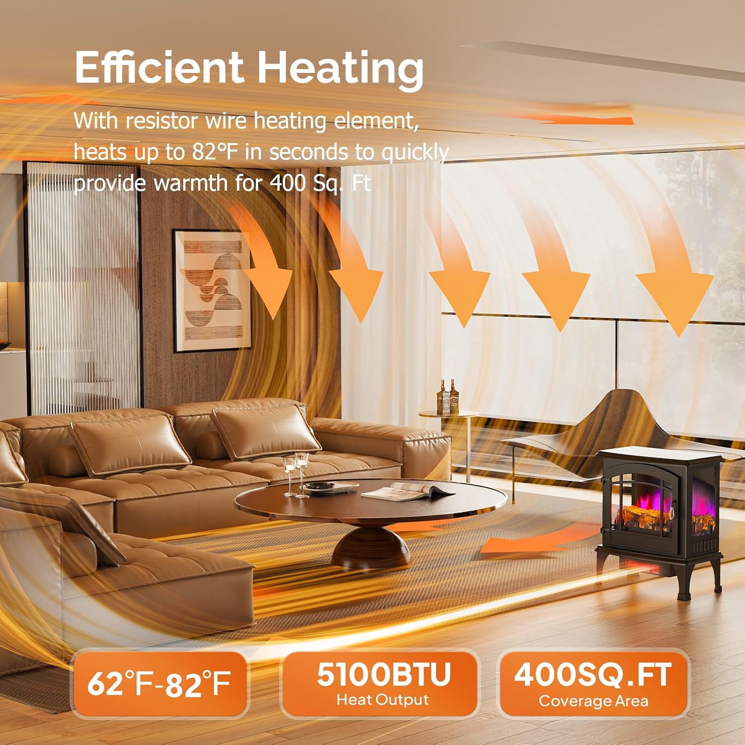 VINGLI Electric Fireplace Stove, 23''W Freestanding Heater with Remote, Timer, Realistic Flame Effect, Adjustable Temperature, Overheat & Tip-Over Protections for Bedroom Living Room, 1400W