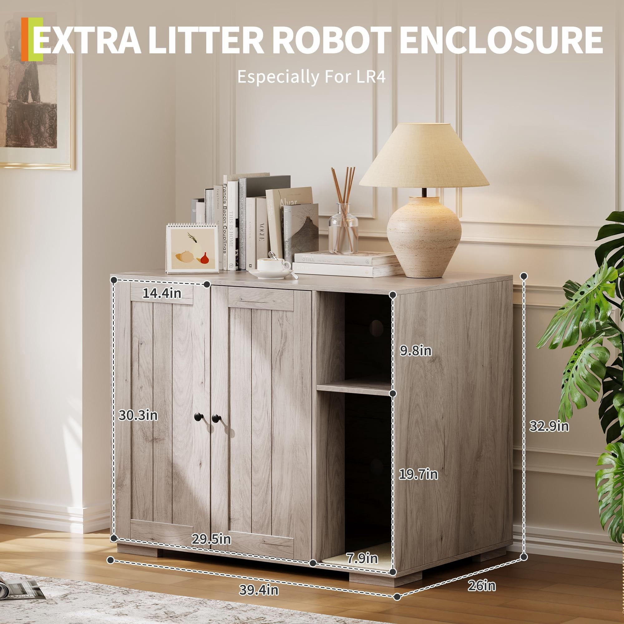 Kicctian Hidden Cat Litter Box Enclosure with Litter Collector, Large Indoor Cat House Cabinet, Self-Cleaning Compatible Cat Furniture, Grey