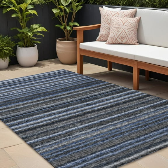 HomeRoots 577766 8 x 10 ft. Striped Washable Indoor & Outdoor Rectangle Area Rug, Denim Blue & Gray