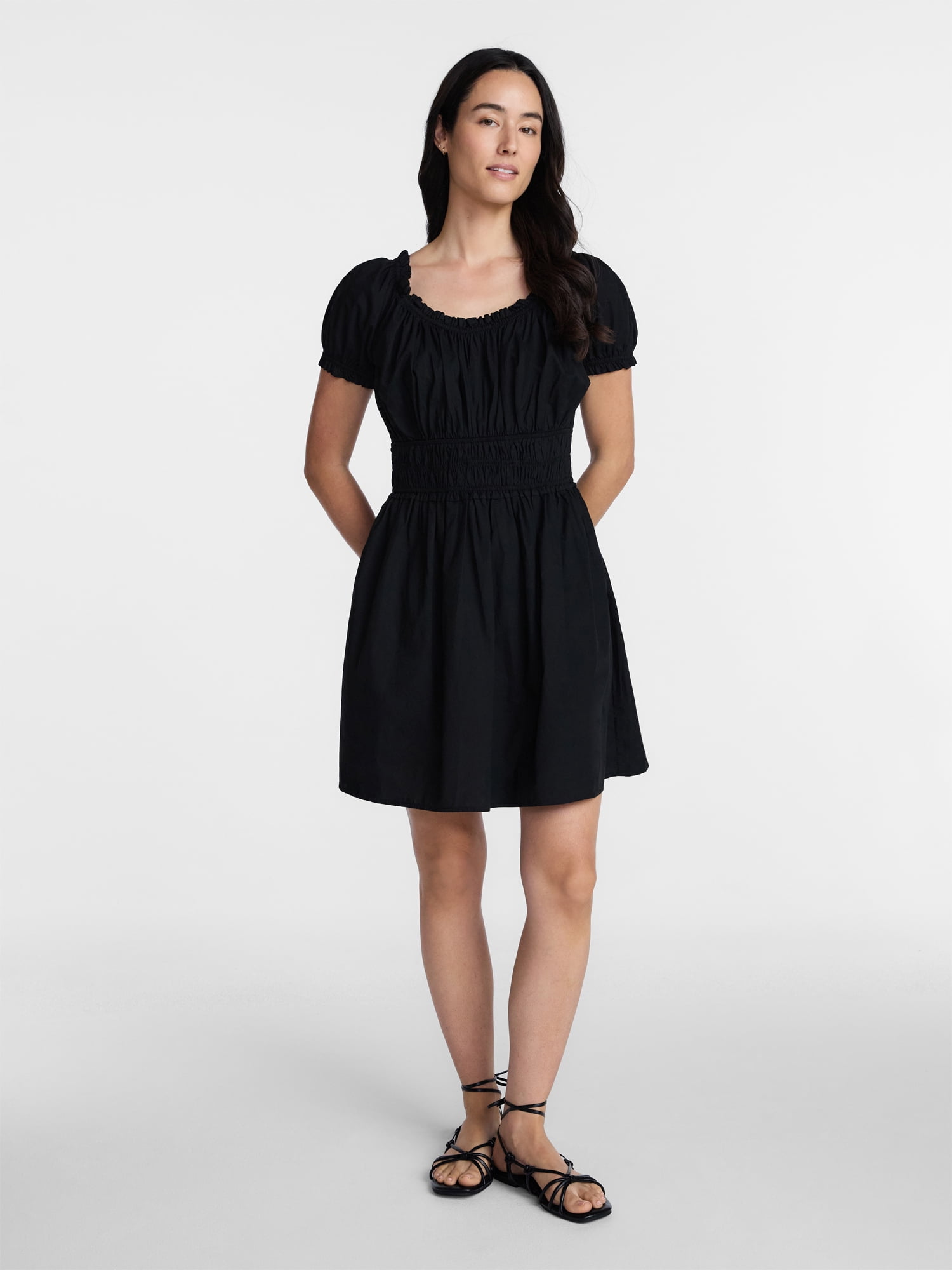 Time and Tru Women's Peasant Mini Dress with Puff Sleeves, Sizes XS-XXXL
