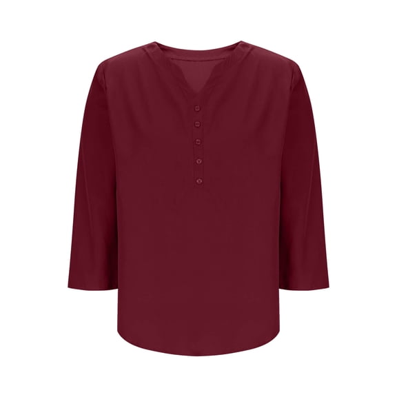 Tops for Women Plus Size Long Sleeved V-Neck Solid Color Blouses Pullover Top Wine XL