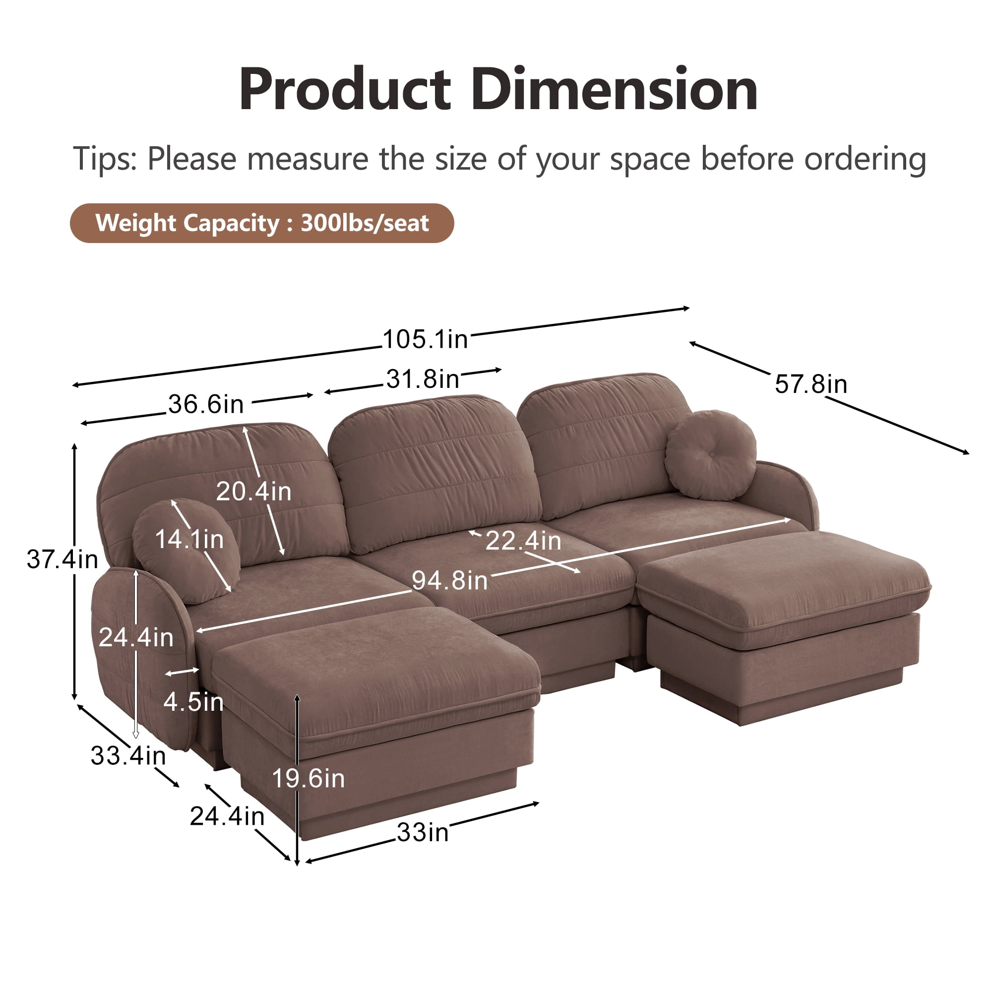 Mintazer 105" Chenille Cloud 3-Seater Modular Sectional Sofa with 2 Movable Ottoman & Round Pillows, U-Shaped Ergonomic Sofa Couch for Living Room, Apartment, Rose Dust