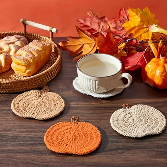 4-Pack Handmade Crochet Pumpkin Coasters – Fall Knitted Cotton Drink Mats, Absorbent Table Protectors for Halloween, Thanksgiving, and Autumn Party Decor (Random Color)