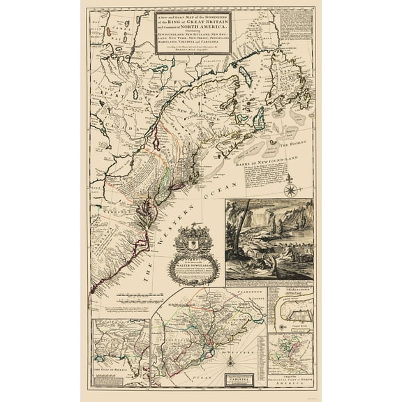 Historic State Map - United States Northeast Coast - Moll 1711 - 23 x 38.28 - Vintage Wall Art