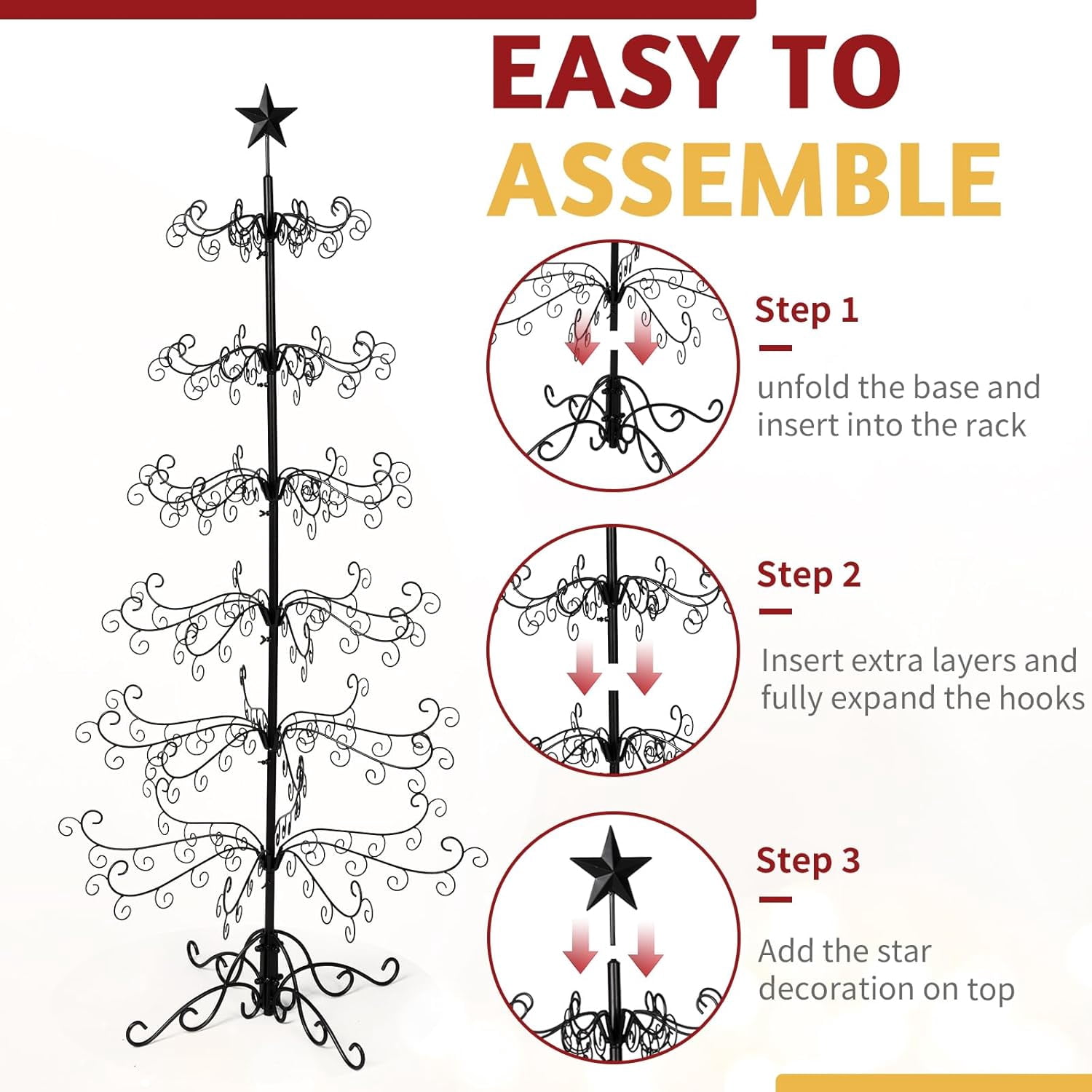 Metal Ornament Display Tree Stand, 6ft Wrought Iron Christmas Tree for Halloween Christmas Balls Bauble Decorations Gift Craft(Black)