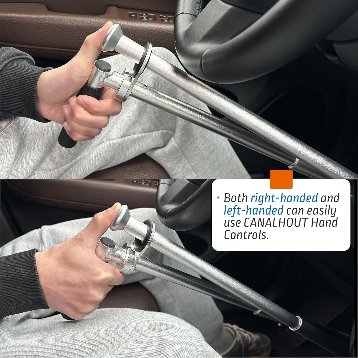 OceanicEcho Handicap Driving Hand Controls for Disabled Drivers, Adjustable Car Pedal Assist Brake and Accelerator, Left or Right Hand Use, Universal Fit for Automatic Vehicles, Bright Silver