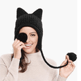 thumbnail image 3 of RV Bonito sombrero con orejas de zorro hecho a mano con aguja de punto de invierno para mujer, sombrero cálido con protección para los oídos, sombrero trenzado (negro), 3 of 5