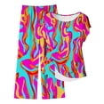 thumbnail image 4 of Karymi Cute Tops for Women 2-Piece Abstract Print Outfit, Round Neck Short Sleeve Tie Waist Knotted Top + Wide Leg Long Pants, Loose Set Womens Tops Dressy Casual, 4 of 5