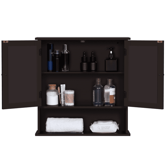 Fullfurnique Meuble Mural de Salon en Bois avec Portes Miroirs Doubles Étagère Réglable, Espresso