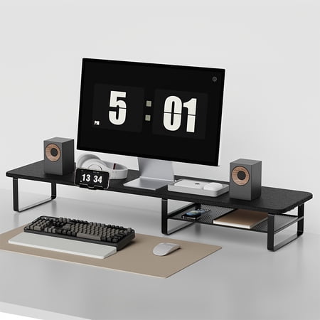 Unbranded 40inch Solid Wood Dual Monitor Stand Riser Adjustable Height Ergonomic Computer Monitor Stand for Desk with Storage Shelf & Cable Management Modern Minimalist Desktop Organizer for Home