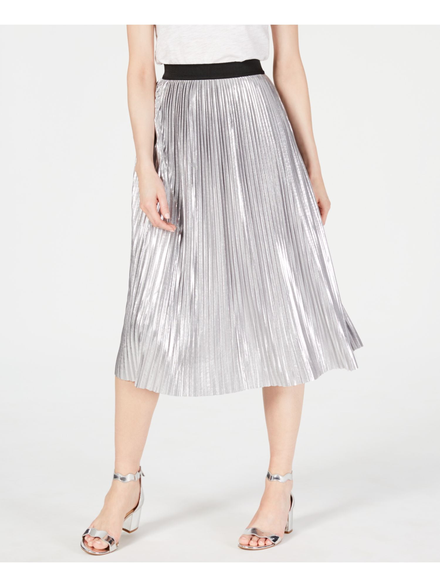 silver metallic midi skirt