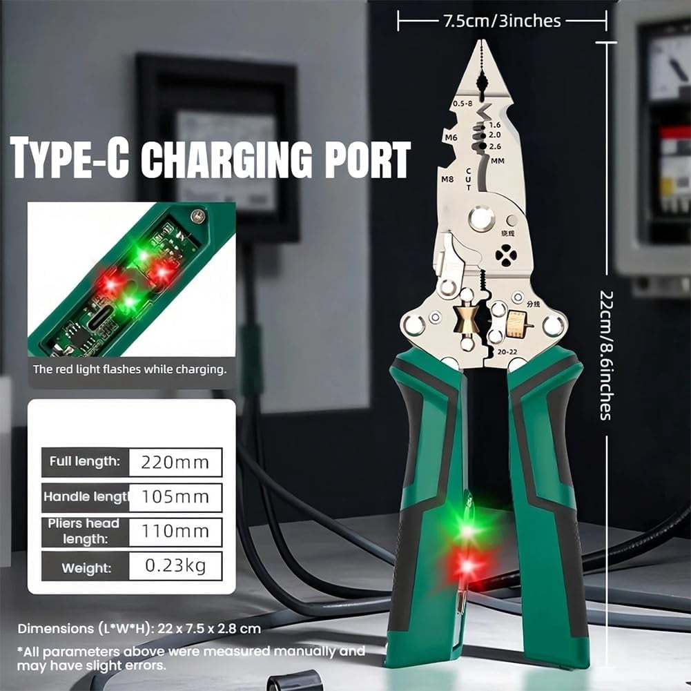 16 in 1 Wire Stripper Twister for Cutting and Pulling Wires, Cable Scissors, Voltage Tester Pliers, 12v to 250v, Foldable for Electrical Repair & DIY Household Use (Green*2)
