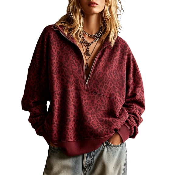 Women's Leopard Print Sweatshirt Oversized Quarter Zip Collar Long Sleeve Fall Fashion Pullover Tops