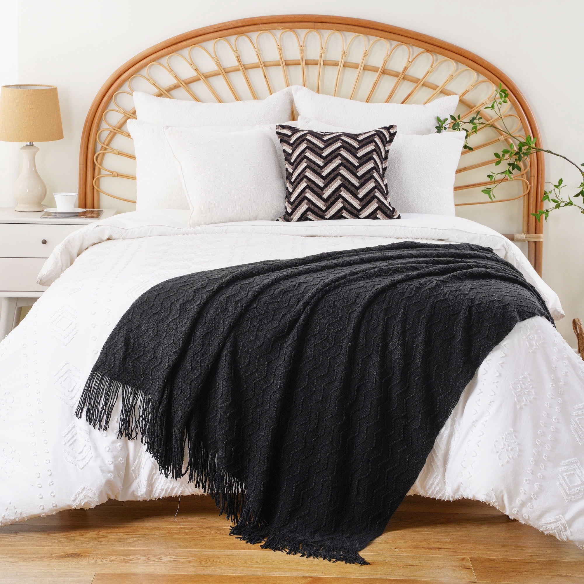 Battilo Black Knit Throw Blanket, Boho Decorative Blanket for Bed, Sofa, Living Room,50"x60"