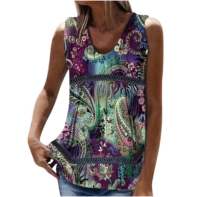 Birdeem Mode Femme Été Sans Manches Col en V Chandail Imprimé Blouse Décontractée