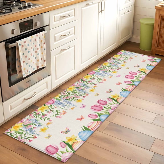 2'x6' Rug Runners for Hallways Kitchen, Spring Floral Easter Non Slip Entryway Beside Floor Carpet Runner, Pastoral Tulip Flowers Watercolor Washable Laundry Room Bedroom Throw Rugs Mat