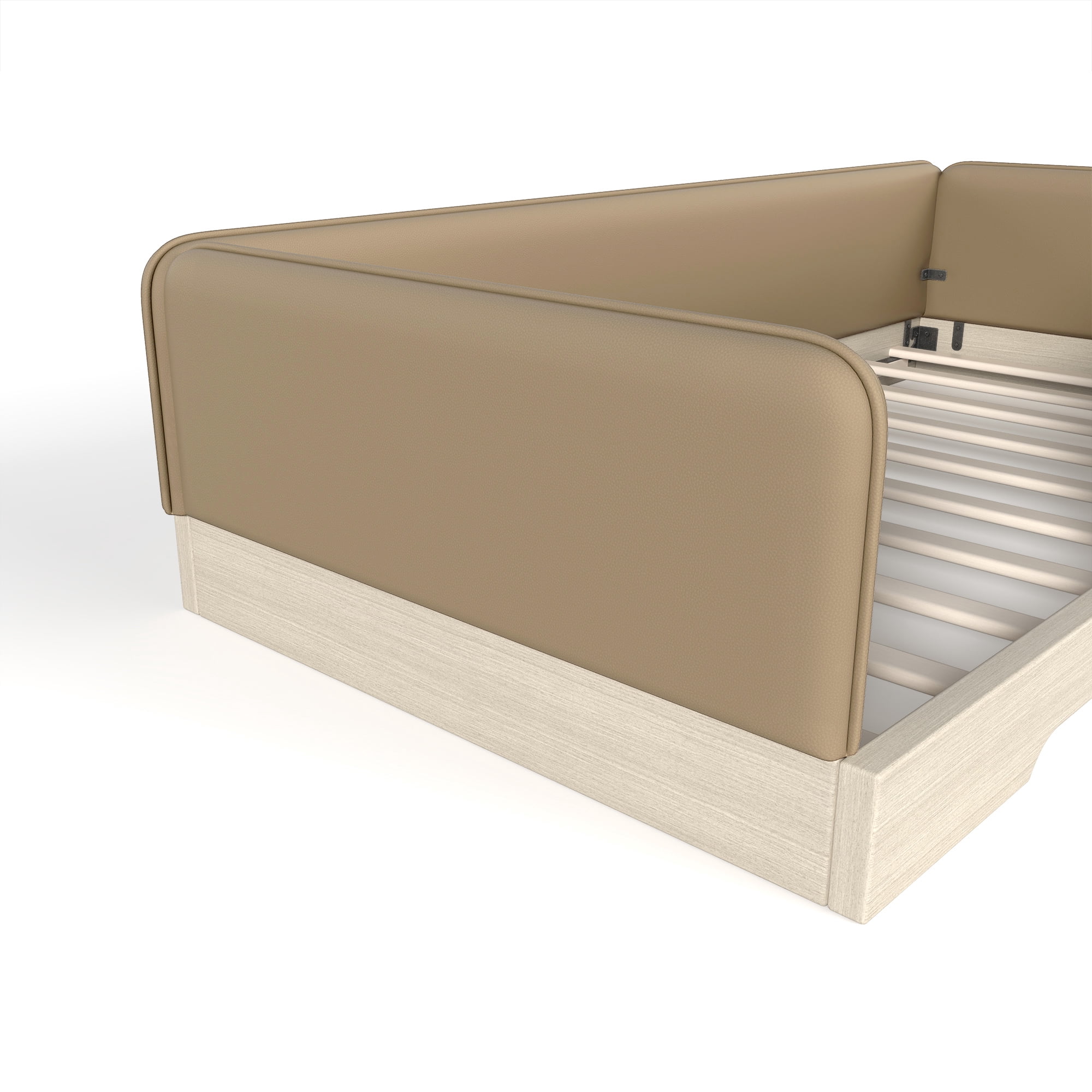 Twin Upholstered Floor Bed 76.38 Inch, Faux Leather Montessori Bed with Removable Guardrails, Low Profile Platform Bed for Kids, Brown