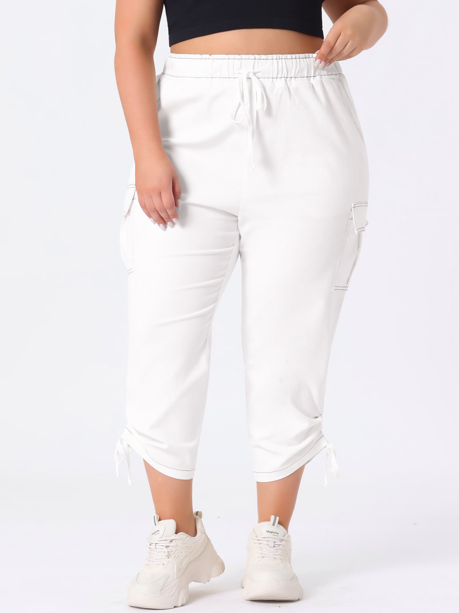 Plus Size Cargo Pants for Women High Waist Drawstring Elastic Waist 3X White