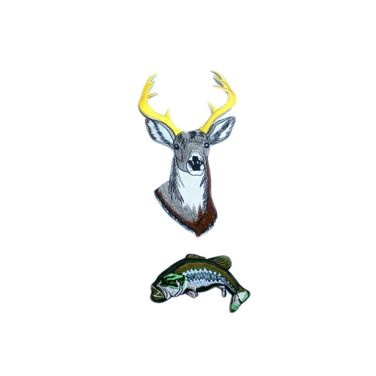 Buck Deer & Bass Fish 2-Pack - Iron-On or Sew-On Embroidered Patch Novelty  Applique - Nature Wildlife Camping Hiking Trails Sports White Water Rafting  - Badge Emblem - Vacation Travel Tourist Souvenir 