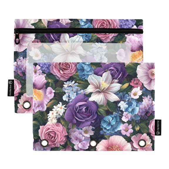 FORMRS 2 Pack Pencil Pouch for 3 Ring Binder with Clear Window Zipper Case, Pink and Purple Flowers