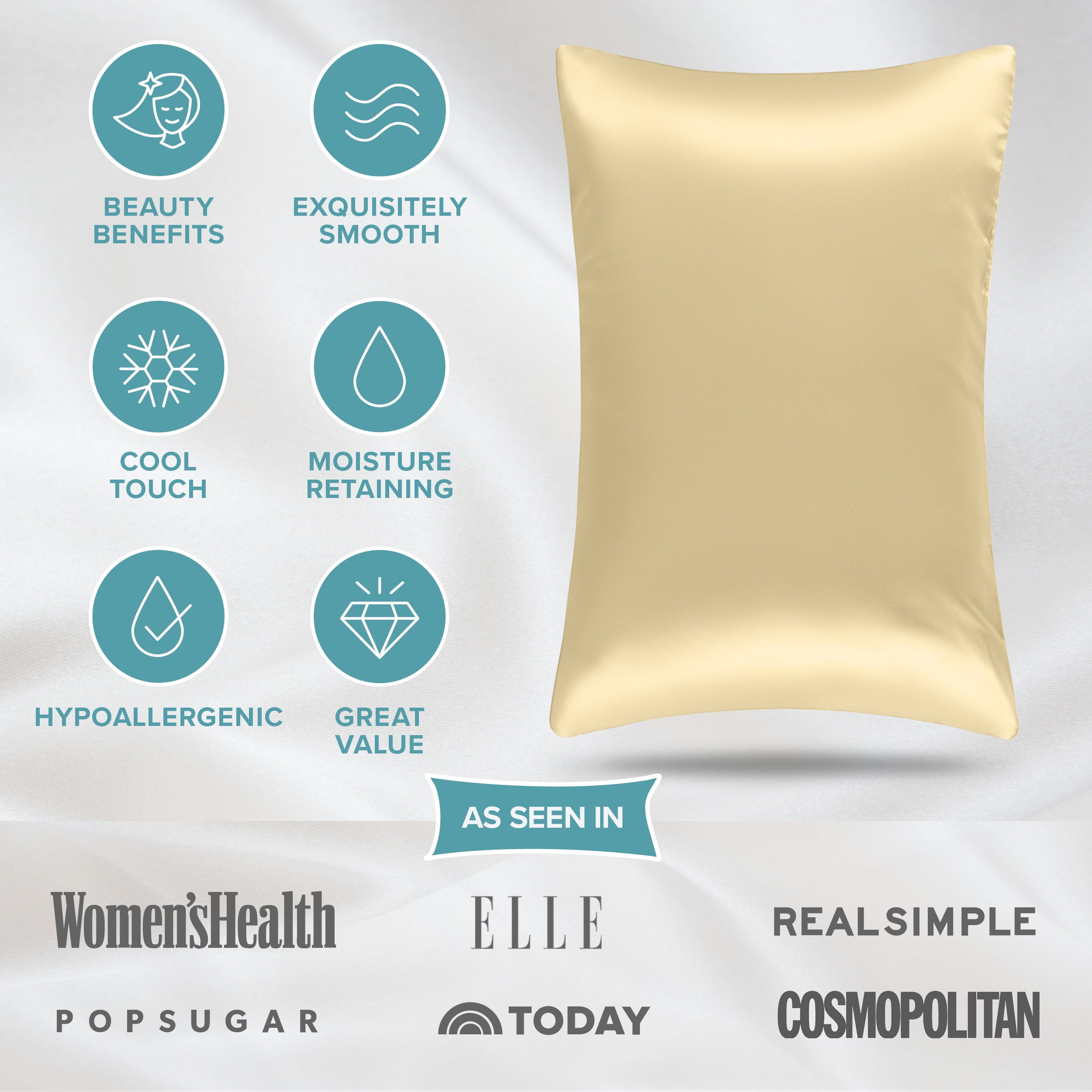 Bare Home 100% Mulberry Silk Envelope Pillowcase - Perfect for Hair and Skin - Premium 6A Grade, 19 Momme Silk - Queen, Champagne