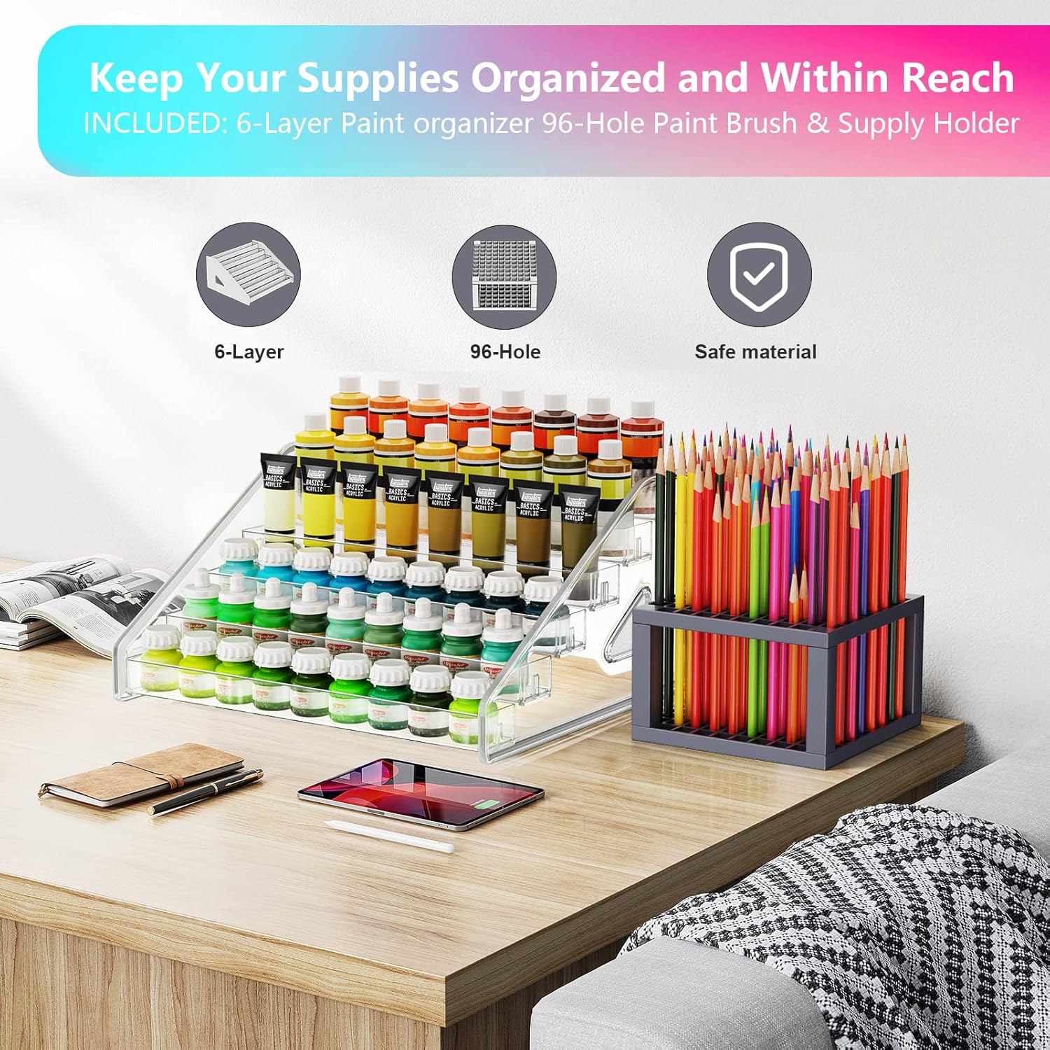 6-Layer Acrylic Organizer with Brush Holder, Easy Assembly Storage Rack for Craft, Hobby & Miniature Models, Light Can Gray
