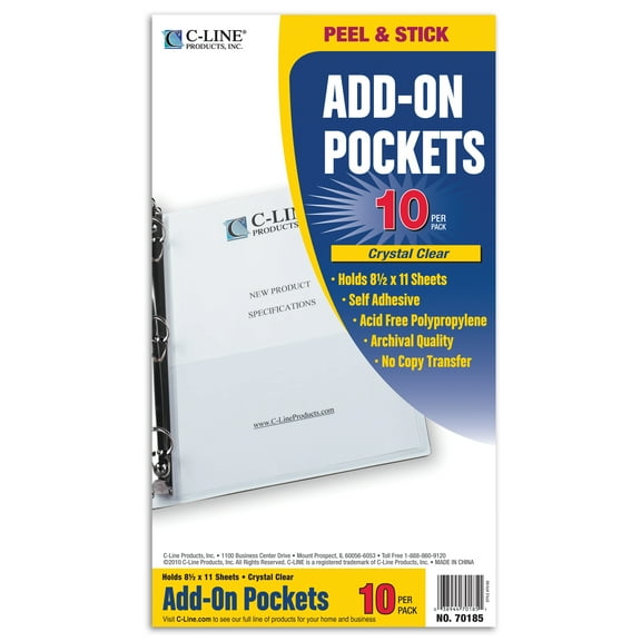 C-Line Peel & Stick Add-On Filing Pockets, 25", 11 x 8 1/2, 10/Pack