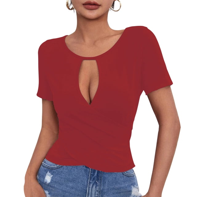 tarylea Blouse Habillée pour Femme à Manches Courtes, Col Licou Goutte d'Eau, Coupe Ajustée, Confortable, Hauts Mode