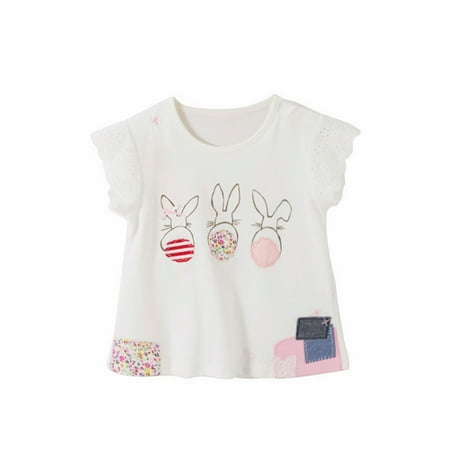 

ZHUASHUM Girls Easter Cartoon Bunny Short Sleeved T Shirt White Rabbit Cotton T Shirt 2 To 8 Years