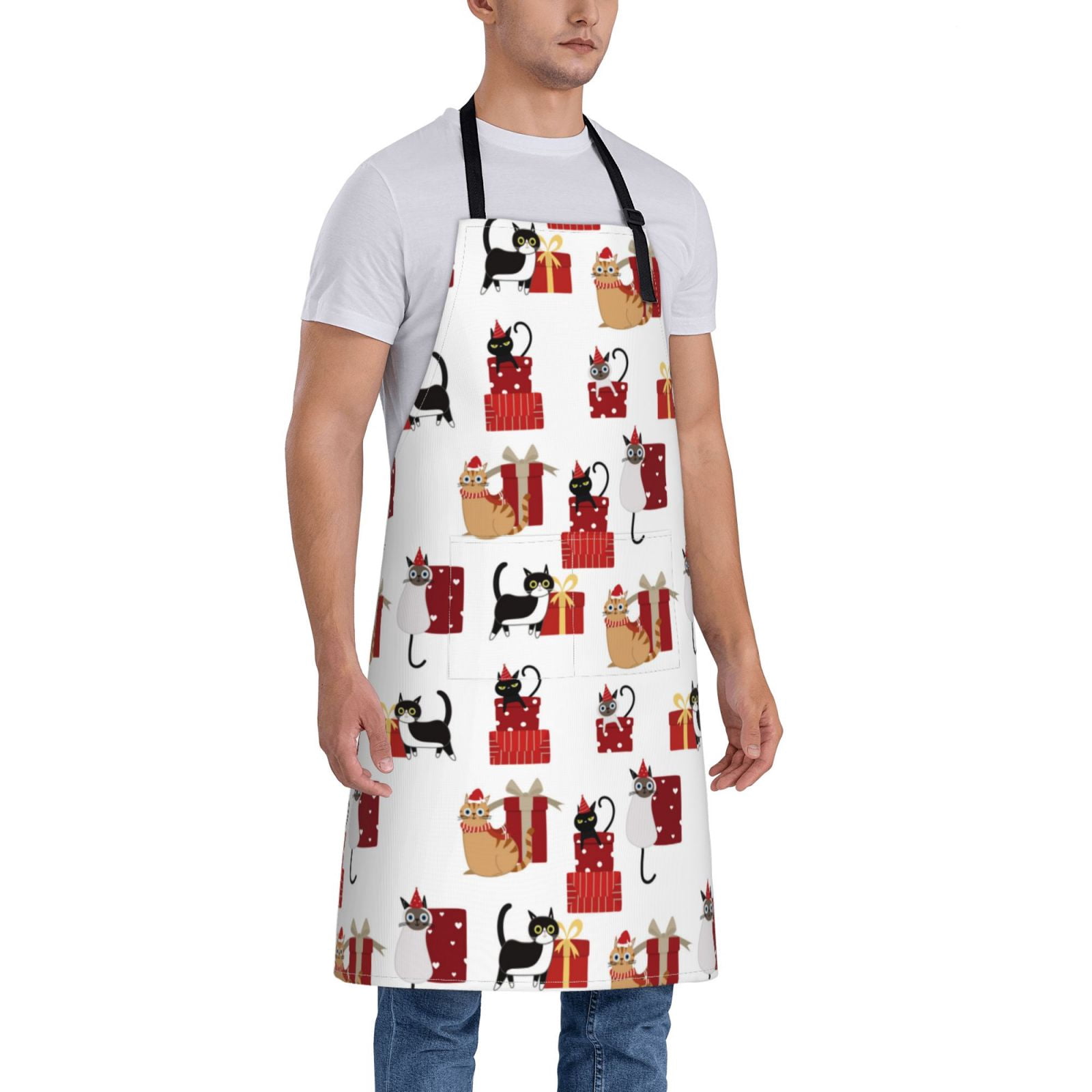 Kdxio Cute Cat And Christmas Gift Apron with Pockets Adjustable Kitchen Aprons for Men Women Waterproof Aprons for Cooking,Drawing,Crafting, Baking Household Cleaning