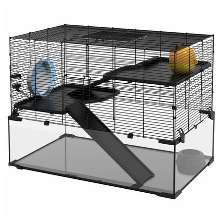 30" Hamster Cage, Gerbil Cage with Glass Basin, Black - Small Animal Habitat for Syrian Hamsters, Rats, Gerbils, 3-Tier Design