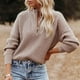 thumbnail image 4 of Jersey de punto para mujer, suéter con cuello levantado, cremallera frontal, hombro caído, manga larga, cálido para invierno y otoño, color tostado claro S, 4 of 7
