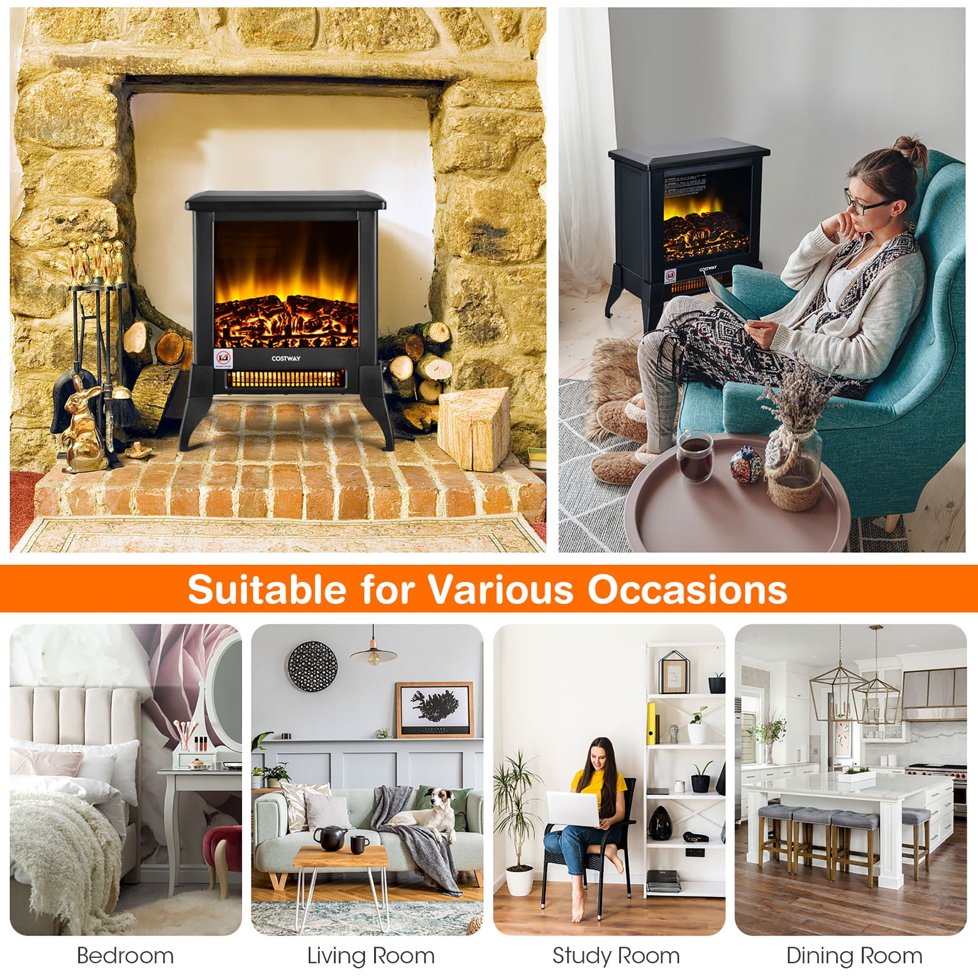 Costway 18''  Electric Fireplace Stove Freestanding Heater W/ Flame Effect 1400W
