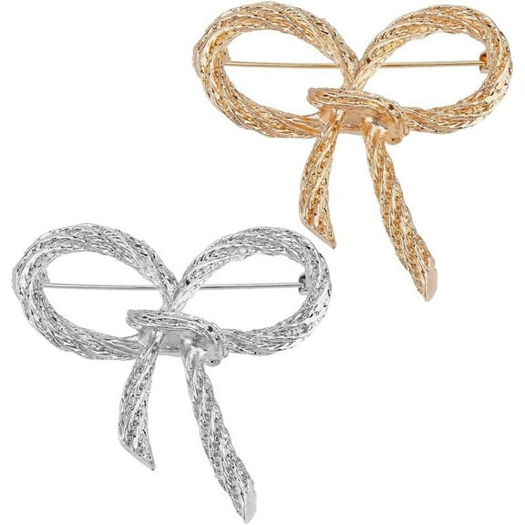 1 Box 2 Colors Silver Bow Pin Metal Alloy Ribbon Bows Knot Brooches Safety Bowknot Brooch Shawl Clips Bling Shiny Tie Lapel Pins for Women Dress Hats Fashion Jewelry Accessories DIY