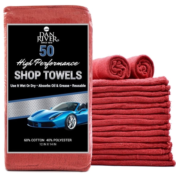 Dan River Shop Towel Red Pack of 50 Reusable Heavy-Duty Shop Washcloth - 12x14in
