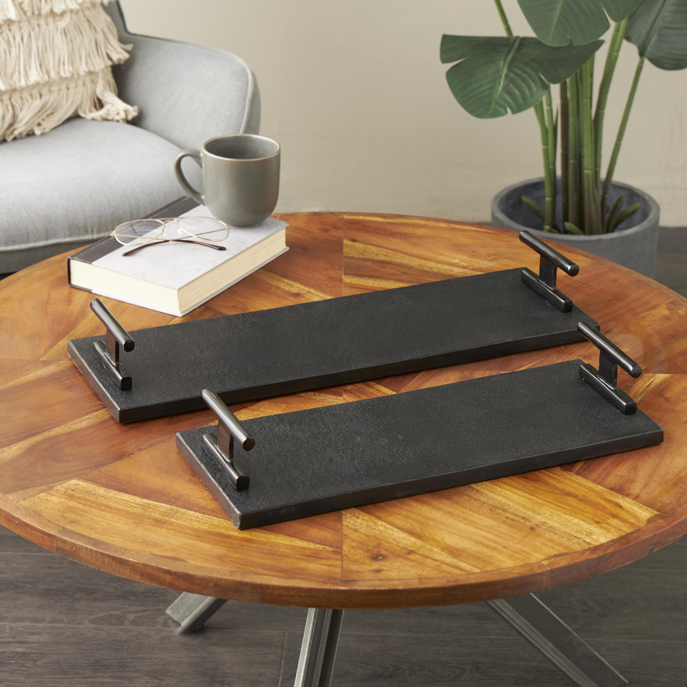 DecMode 22", 18"W Black Marble Textured Tray with Black Handles, 2-Pieces