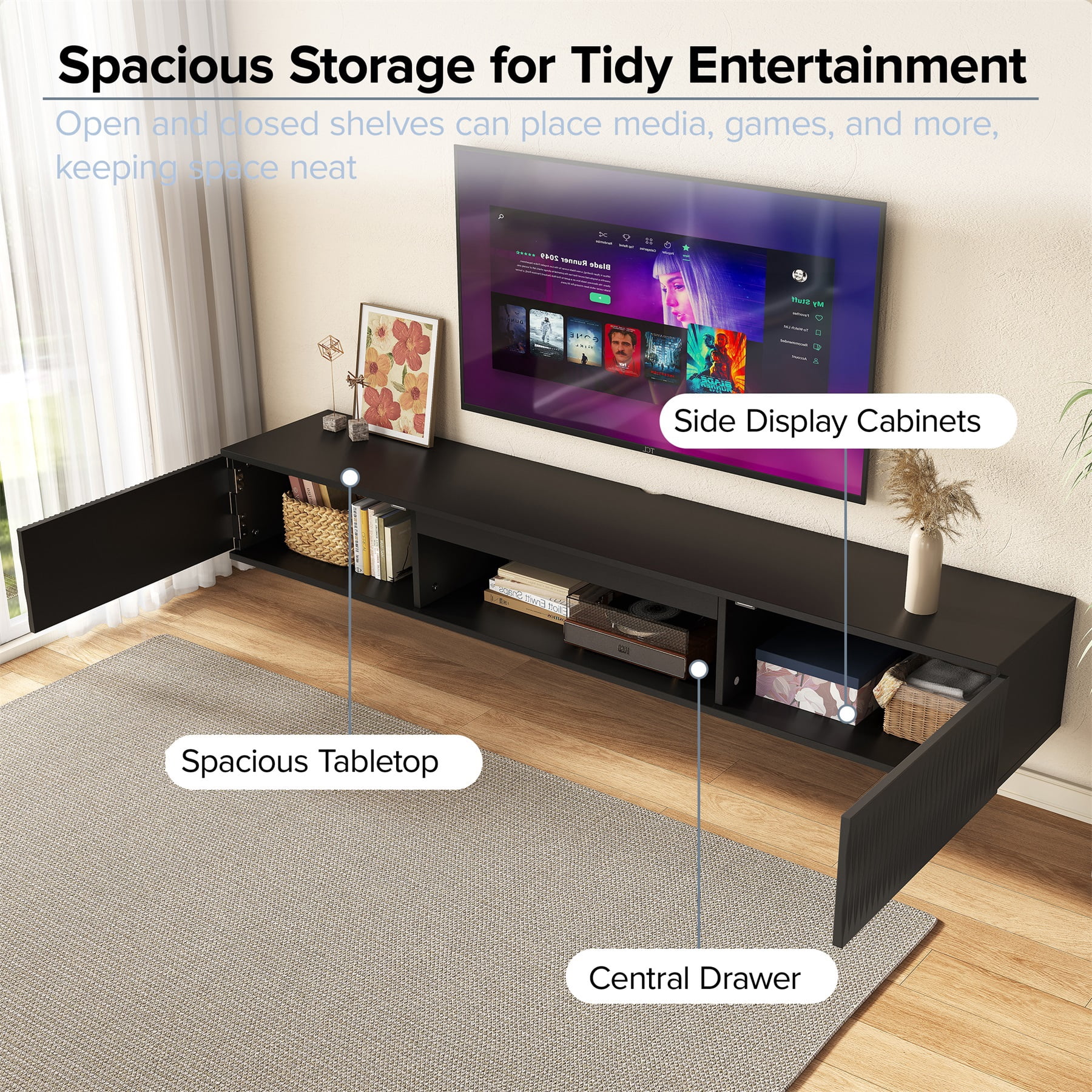 Hommoo Modern LED TV Stand, Carved Surface Wall-Mounted TV Cabinet with Double Doors &Open Shelf, Entertainment Center with Storage, Black