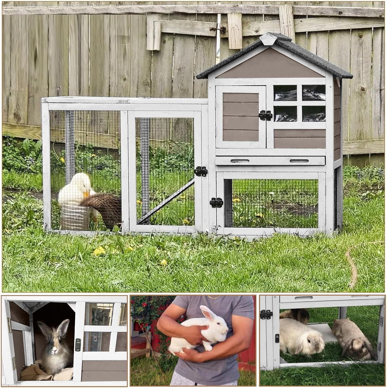 Aivituvin 51.6''L Rabbit Hutch Outdoor Chicken Coop, Indoor Bunny Cage with Run, Guinea Pig House with Pull Out Upper Tray, Brown