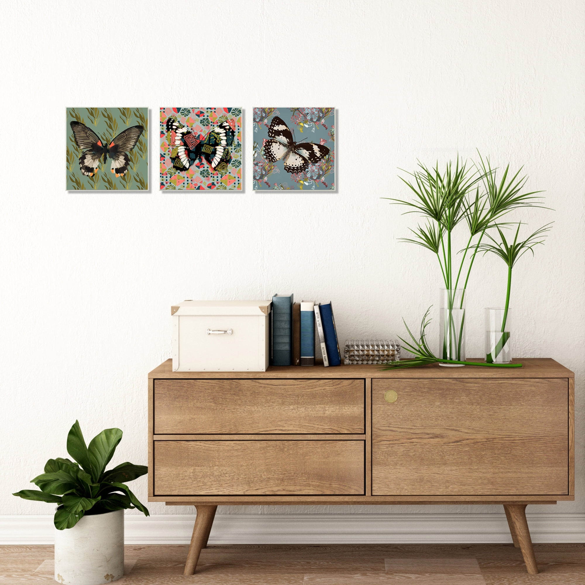 Stupell Industries Butterflies On Pink Blue Gold Patterns Abstract Designs Graphic Art Black Framed Art Print Wall Art Set of 3, 12x12, by Karen Dreyfus